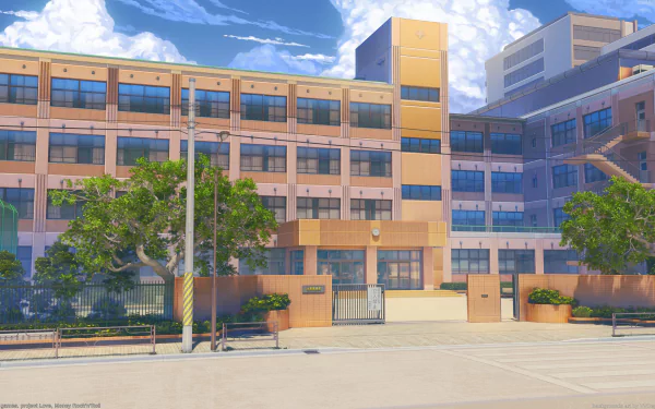 HD PC desktop wallpaper of an anime-style sunlit school building under a blue sky, with a video game aesthetic evoking themes of Love, Money and Rock'n'Roll.