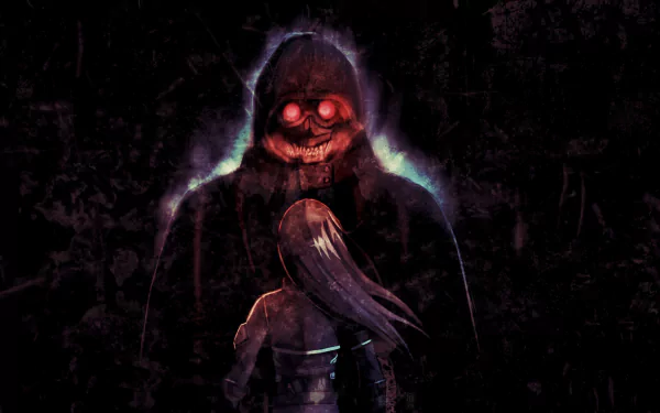 A dark, atmospheric HD wallpaper featuring Death Gun confronting Kirito from Sword Art Online II, capturing the intense confrontation between the two iconic characters.