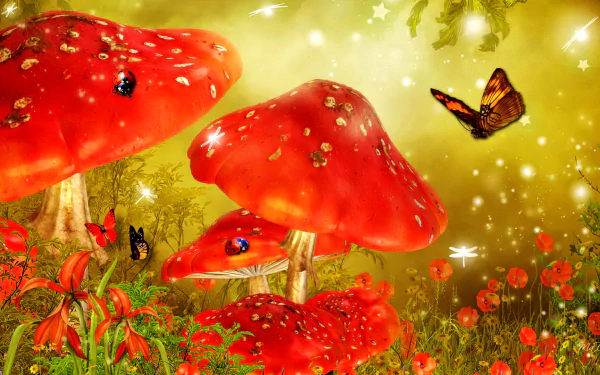 A vibrant forest scene featuring striking red mushrooms, colorful butterflies, and a ladybug among blooming flowers, all set against a dreamy, shimmering background.