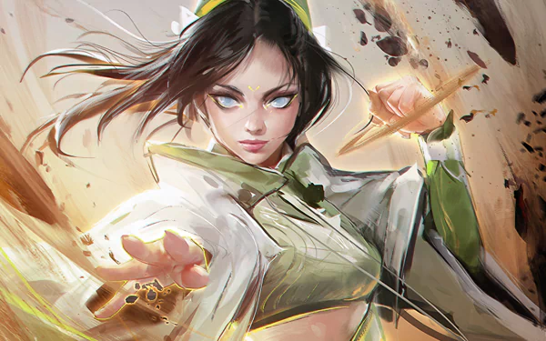 A dynamic HD wallpaper featuring Toph Beifong from Avatar: The Last Airbender, showcasing her black hair, grey eyes, and powerful stance as she manipulates earth.