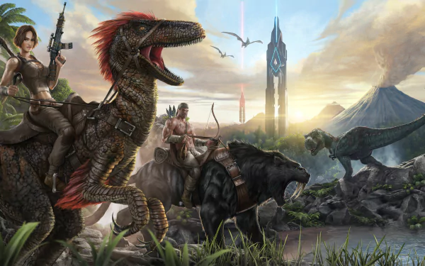 HD desktop wallpaper from the video game Ark: Survival Evolved, featuring a woman warrior on a dinosaur, another warrior on a large cat, amidst a prehistoric landscape with a volcano and futuristic structures.