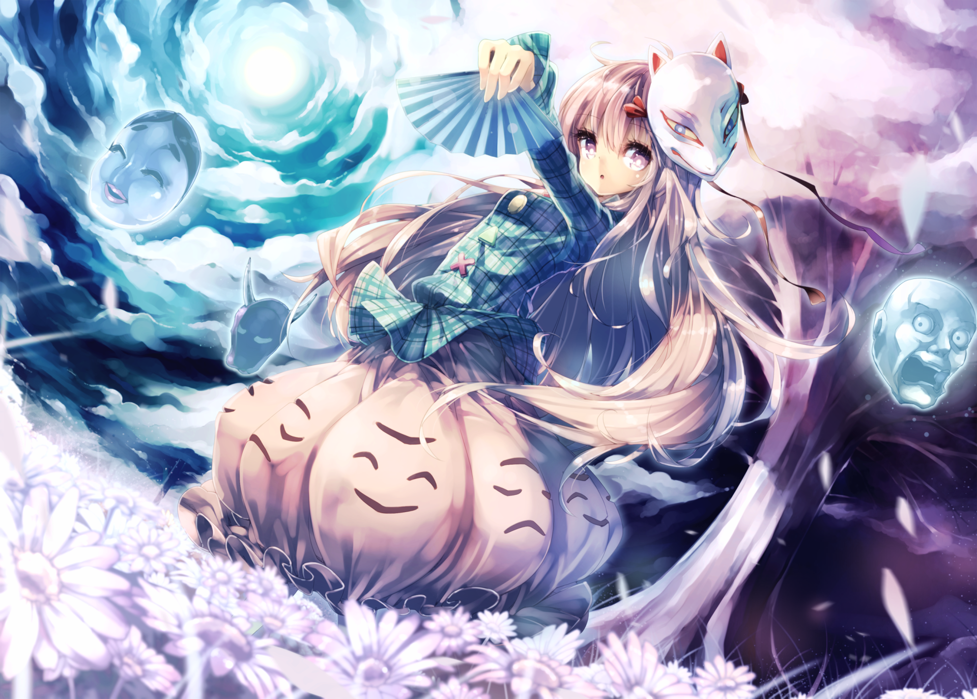 Hata no Kokoro (Touhou) anime 2K Quad HD PC wallpaper: long-haired girl in a mask and kimono holding a fan, drifting among floating ghost masks and smiling spirit-dolls in blue-purple clouds.