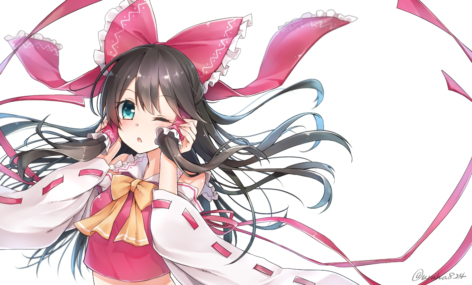 HD PC desktop wallpaper featuring Reimu Hakurei from the anime Touhou, showcasing her with flowing dark hair and vibrant pink and white attire against a white background.
