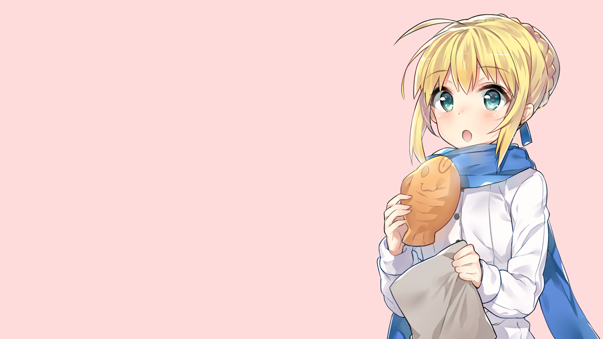 HD PC desktop wallpaper featuring a blonde anime character from Fate/Stay Night holding bread against a soft pink background.