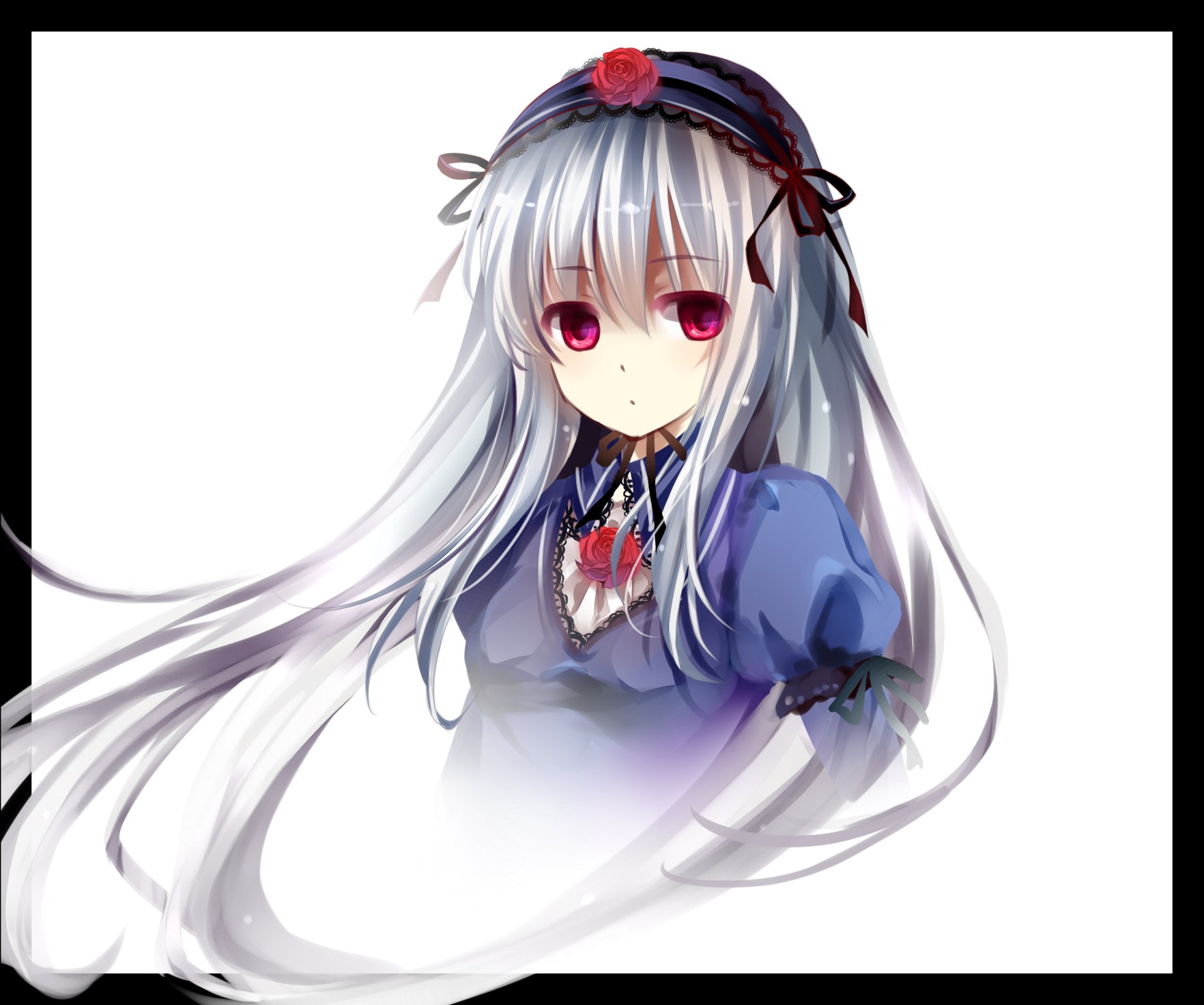 HD PC desktop wallpaper featuring an anime character from Rozen Maiden with long silver hair and red eyes, dressed in a blue outfit with intricate details.