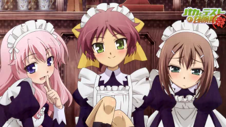 Anime HD desktop wallpaper featuring three characters from Baka and Test dressed in maid outfits with varied expressions.