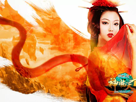HD PC desktop wallpaper featuring an Asian woman in vibrant Jade Dynasty cosplay, blending fantasy elements with flowing red and orange hues.