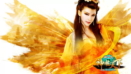 HD PC desktop wallpaper of an Asian woman in yellow Jade Dynasty fantasy cosplay, with golden brushstroke background and distant pagoda silhouettes.