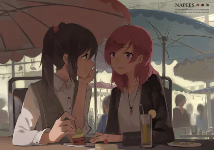 HD anime wallpaper featuring Nico Yazawa and Maki Nishikino from Love Live! sitting together at an outdoor café under umbrellas with soft lighting.