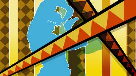 HD PC desktop wallpaper featuring Caesar Zeppeli from the anime Jojo's Bizarre Adventure, with bold geometric patterns in warm tones.