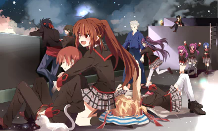 Anime Little Busters! — energetic group in school uniforms on a snowy rooftop at night, playful and chaotic; 2K Quad HD PC desktop wallpaper/background.