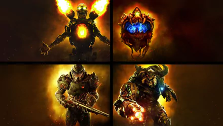 4K Ultra HD Doom (2016) wallpaper featuring Doomguy, Cyberdemon, Revenant, and Cacodemon from the video game.