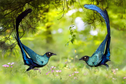 HD desktop wallpaper featuring two vibrant blue long-tailed glossy starlings perched on grass with a blurred green forest background.