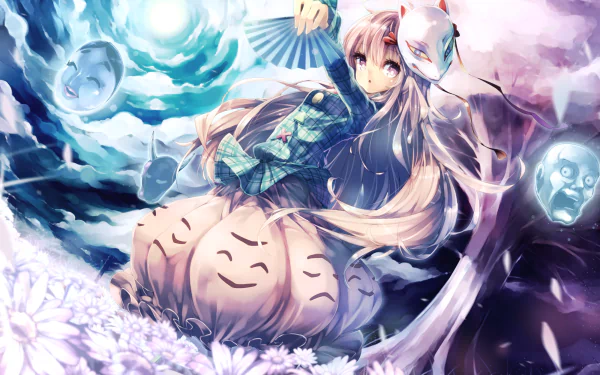 Hata no Kokoro (Touhou) anime 2K Quad HD PC wallpaper: long-haired girl in a mask and kimono holding a fan, drifting among floating ghost masks and smiling spirit-dolls in blue-purple clouds.