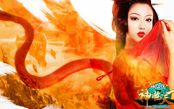 HD PC desktop wallpaper featuring an Asian woman in vibrant Jade Dynasty cosplay, blending fantasy elements with flowing red and orange hues.
