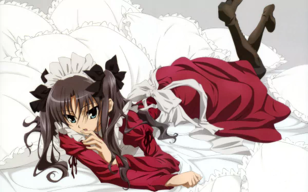 Anime character Rin Tohsaka from Fate/Stay Night lounges on white pillows, wearing a detailed red and black outfit, captured in a 4K Ultra HD PC wallpaper style.
