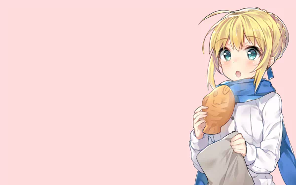 HD PC desktop wallpaper featuring a blonde anime character from Fate/Stay Night holding bread against a soft pink background.