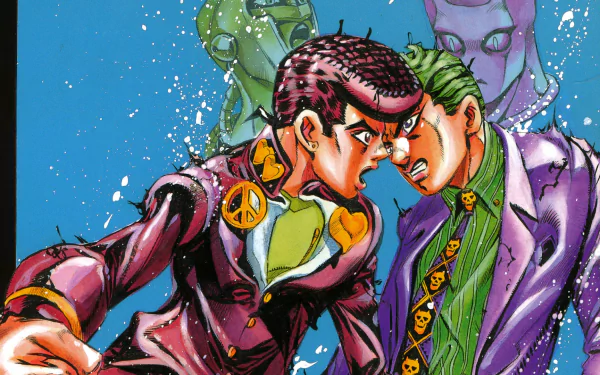 HD PC desktop wallpaper of Josuke Higashikata facing Yoshikage Kira/Kosaku Kawajiri in vibrant JoJo's Bizarre Adventure anime style, intense close-up with colorful Stand silhouettes.