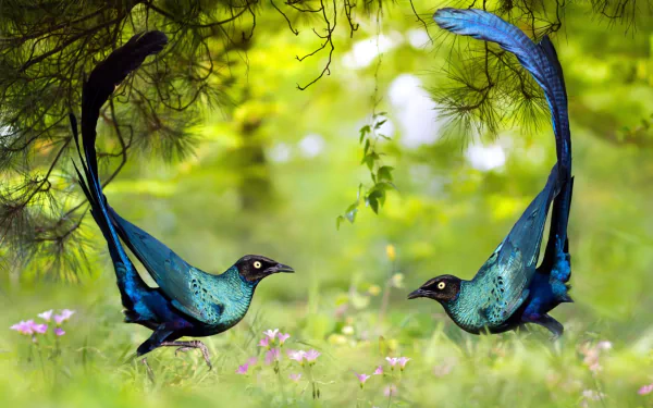 HD desktop wallpaper featuring two vibrant blue long-tailed glossy starlings perched on grass with a blurred green forest background.