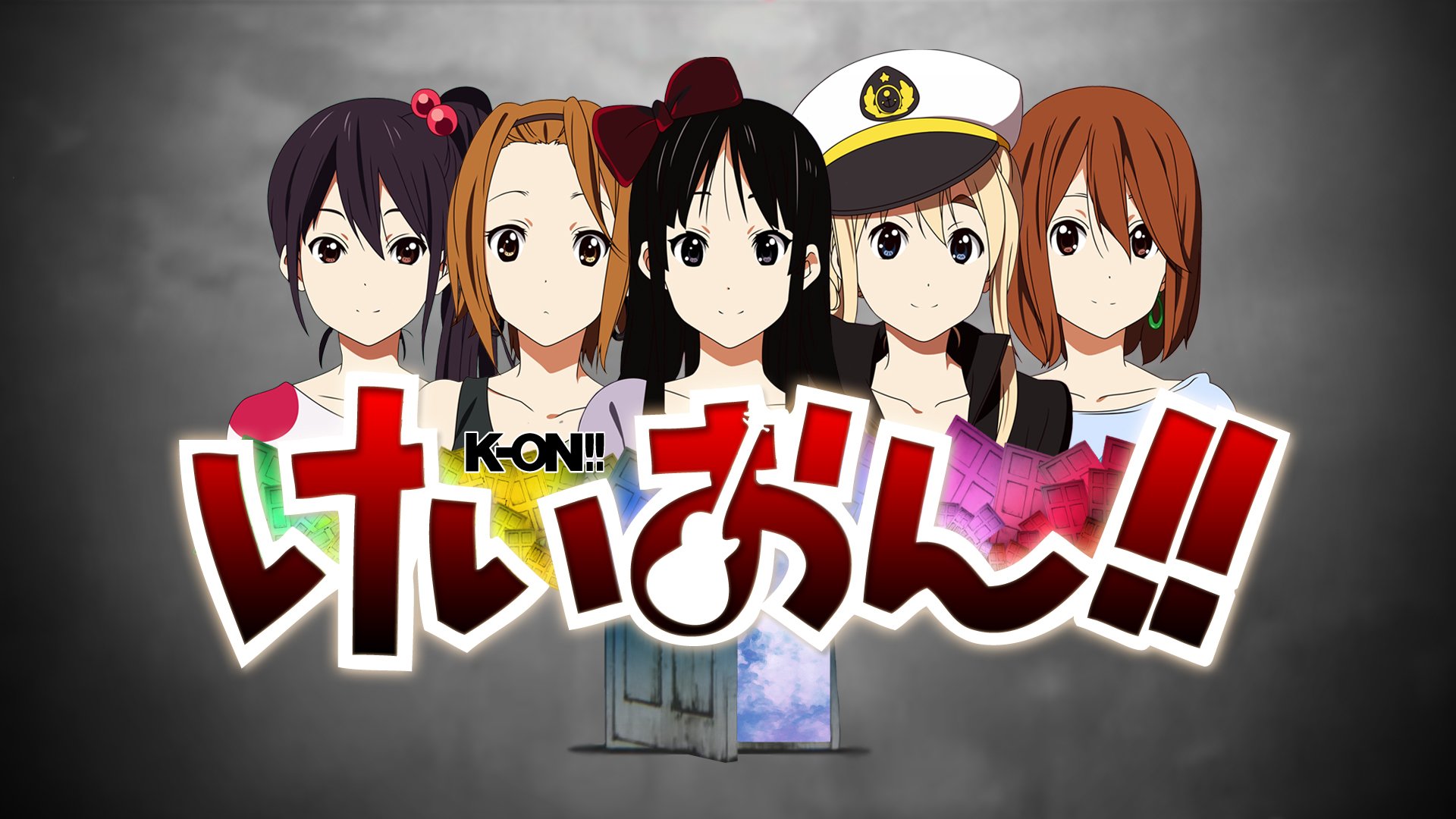 HD PC desktop wallpaper featuring Yui Hirasawa, Mio Akiyama, Ritsu Tainaka, Tsumugi Kotobuki, and Azusa Nakano from the anime K-ON!.
