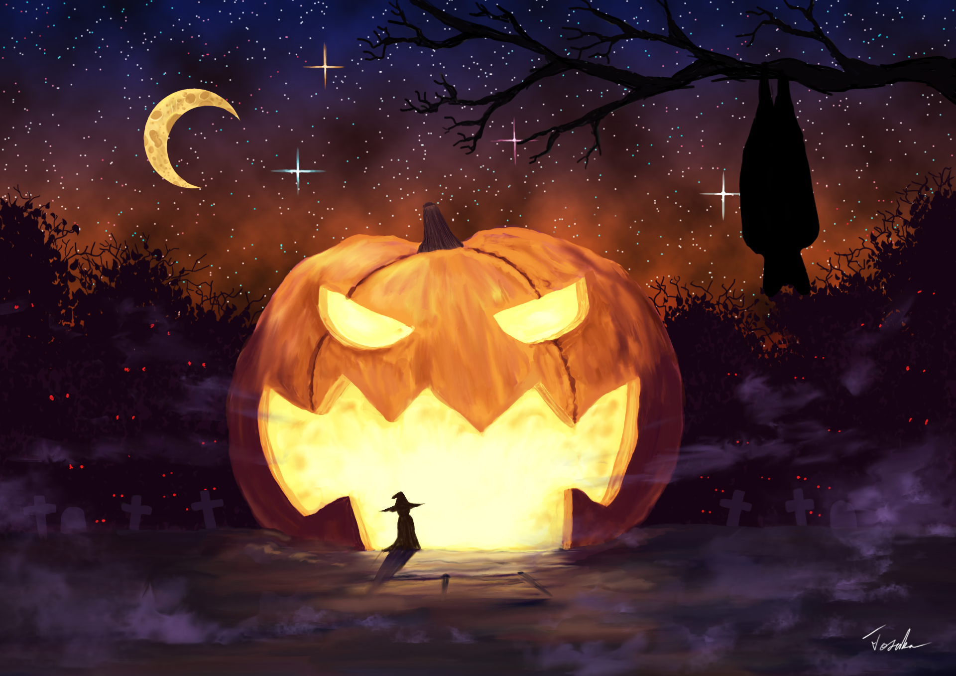 HD anime Halloween wallpaper featuring a glowing jack-o'-lantern pumpkin under a crescent moon, with a silhouette of a figure and a spooky tree in a dark, starry night.