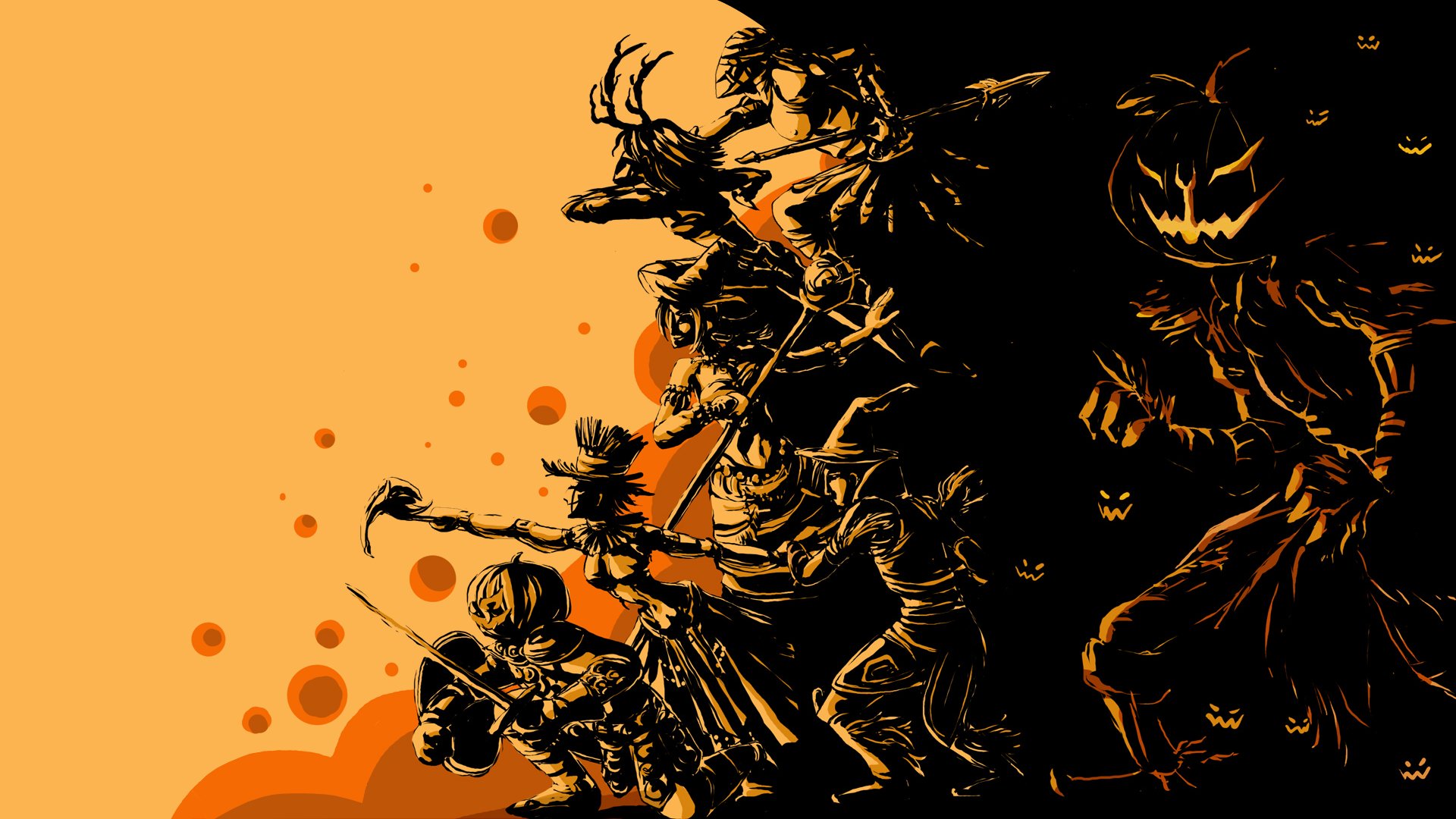 HD PC desktop wallpaper featuring a Halloween holiday scene with spooky, silhouetted characters and an orange background.