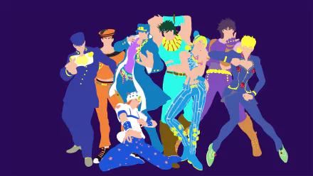A minimalist HD wallpaper featuring characters from JoJo's Bizarre Adventure series, including Stone Ocean, Phantom Blood, Battle Tendency, Golden Wind, Stardust Crusaders, and Diamond Is Unbreakable.
