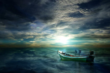 A fishing boat floats on calm ocean waters under a dramatic blue sky filled with clouds, creating a serene HD desktop wallpaper background.