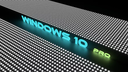 A vibrant HD desktop wallpaper featuring illuminated text that reads Windows 10 Pro against a backdrop of glowing dots, enhancing a modern technological aesthetic.