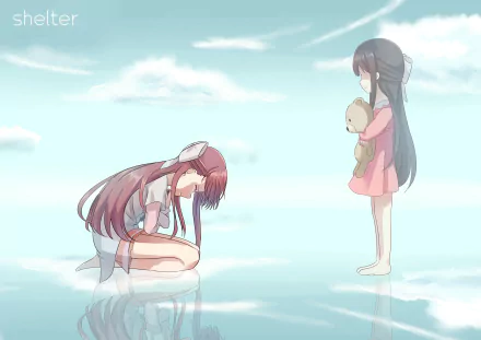 A serene anime scene from Shelter, featuring two girls: one kneeling in reflection and the other standing calmly with a teddy bear, set against a tranquil sky backdrop.