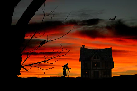 Dark Halloween-themed HD PC desktop wallpaper showing a spooky silhouette of a figure and a house against an eerie red and orange sunset sky with a bat flying nearby.