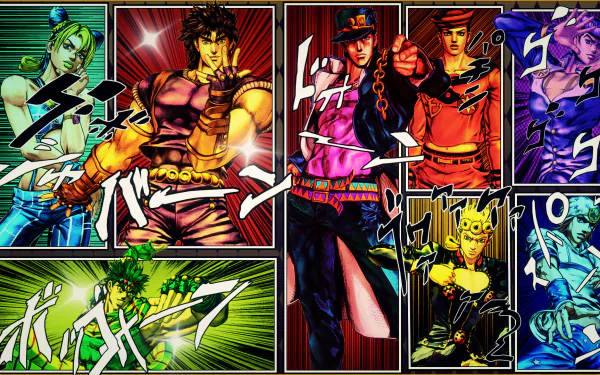 HD desktop wallpaper featuring characters from the anime Jojo's Bizarre Adventure in dynamic poses with colorful backgrounds and action text.