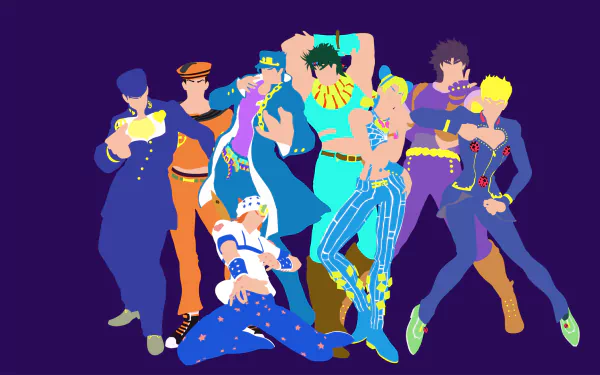 A minimalist HD wallpaper featuring characters from JoJo's Bizarre Adventure series, including Stone Ocean, Phantom Blood, Battle Tendency, Golden Wind, Stardust Crusaders, and Diamond Is Unbreakable.