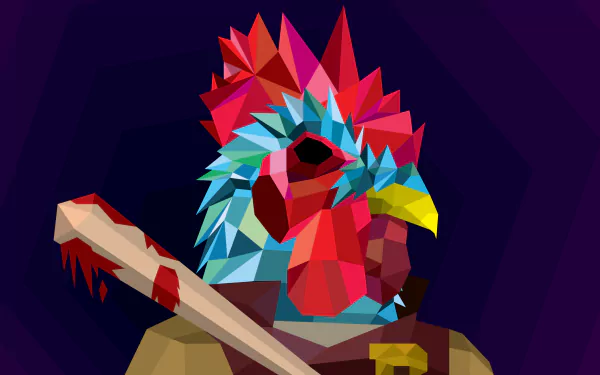 Richard (Hotline Miami) in a polygonal rooster mask clutching a bloodied bat against a dark purple background — 2K Quad HD PC desktop wallpaper