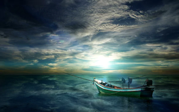 A fishing boat floats on calm ocean waters under a dramatic blue sky filled with clouds, creating a serene HD desktop wallpaper background.