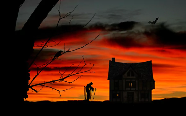 Dark Halloween-themed HD PC desktop wallpaper showing a spooky silhouette of a figure and a house against an eerie red and orange sunset sky with a bat flying nearby.