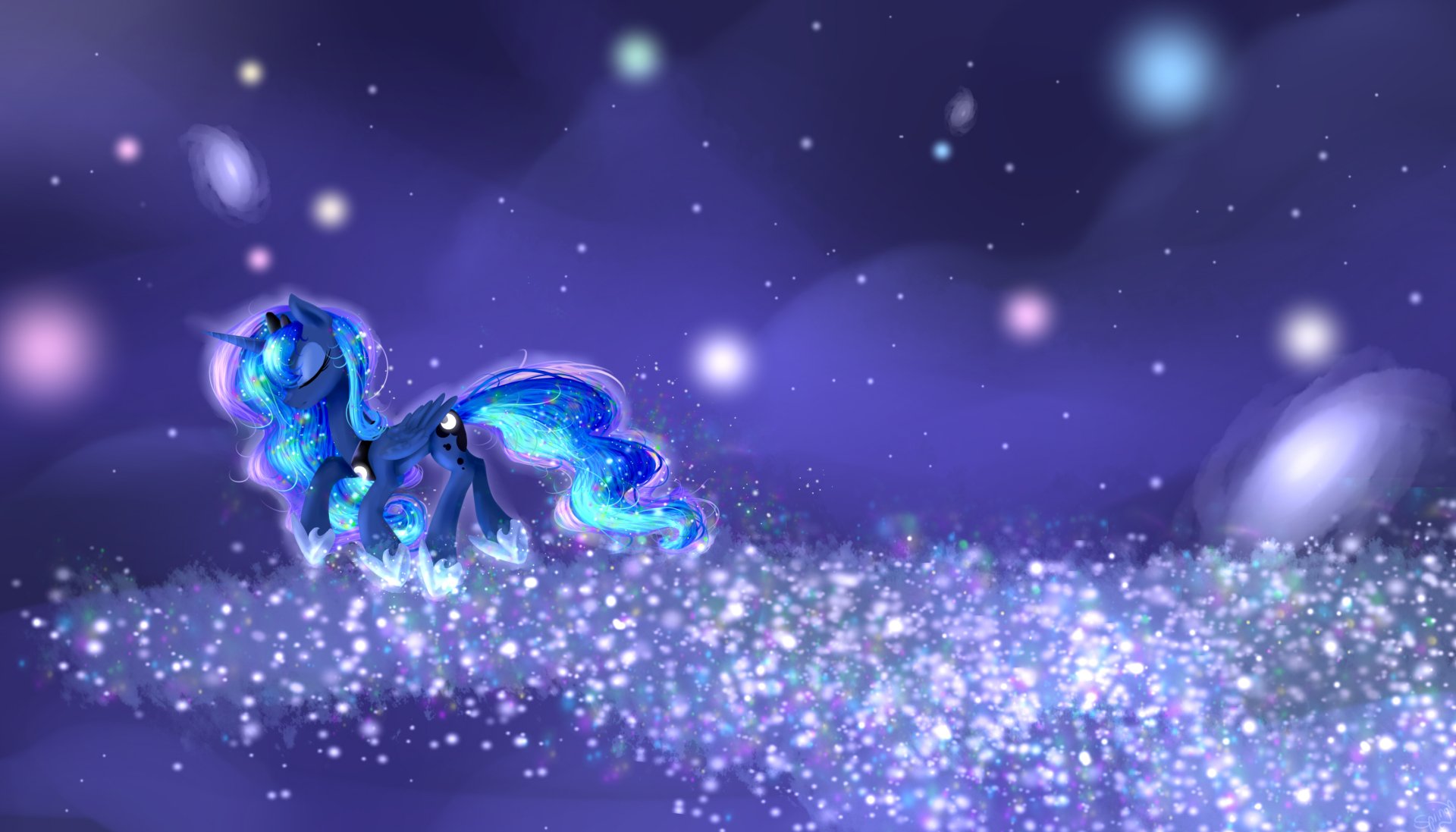 Princess Luna from My Little Pony: Friendship Is Magic is depicted in a sparkling, starry night scene, designed as an HD PC desktop wallpaper and background.