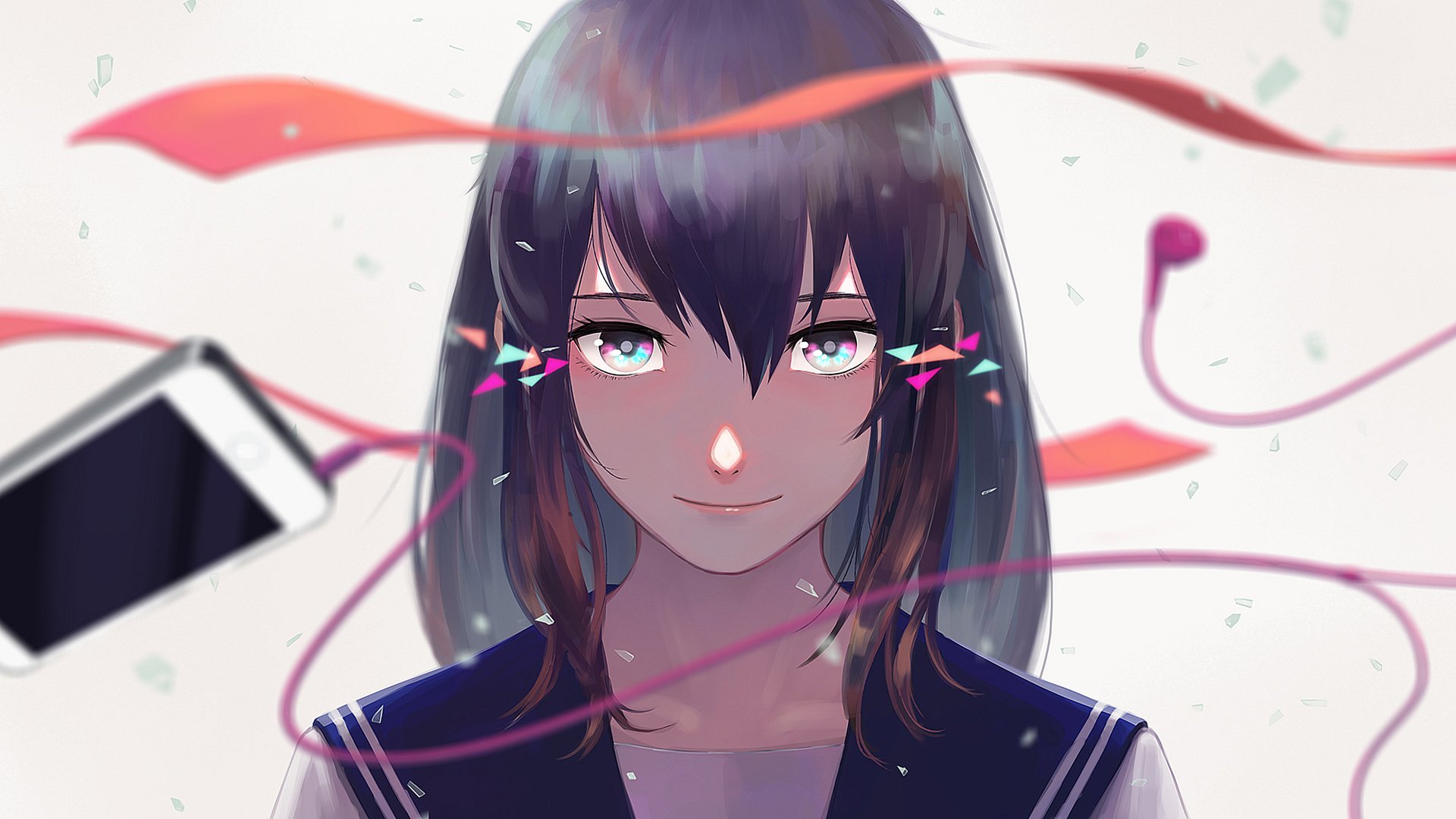 A captivating anime-themed HD desktop wallpaper featuring a girl with dark hair adorned with colorful accents, surrounded by flowing ribbons and soft confetti.