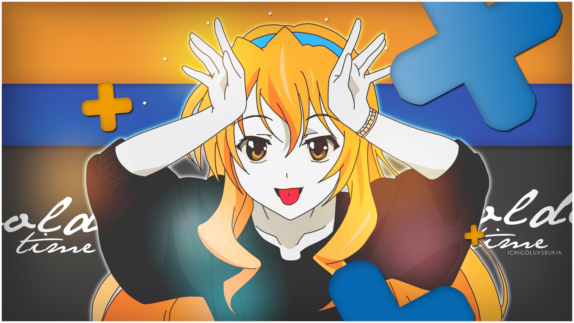 HD desktop wallpaper featuring an anime character from Golden Time with orange hair, a playful expression, and an energetic background with vibrant colors and shapes.