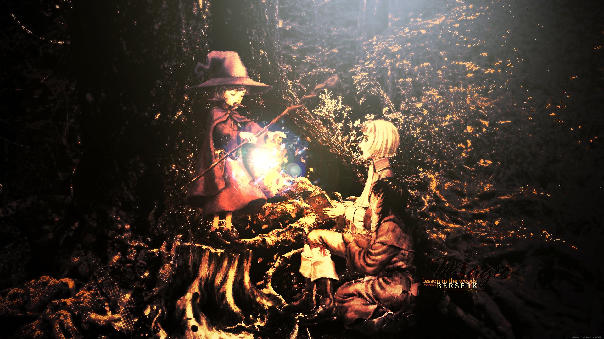 HD anime desktop wallpaper from Berserk featuring two characters sharing a glowing light in a dark, enchanted forest setting.