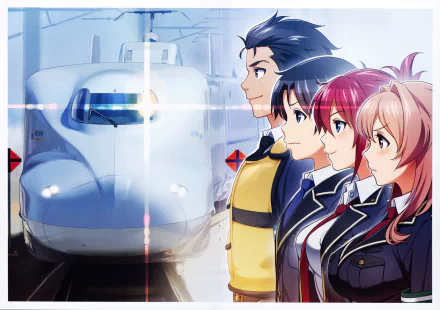 Anime-style 4K Ultra HD desktop wallpaper featuring characters from Rail Wars! standing beside a sleek Shinkansen train.
