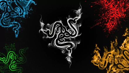A striking HD desktop wallpaper featuring the Razer logo in a dynamic design, surrounded by colorful, smoke-like graphics in blue, red, green, and yellow against a black background.