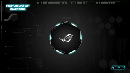 HD PC desktop wallpaper featuring the glowing Asus ROG logo, representing Republic of Gamers technology with a sleek, futuristic black and neon blue design.