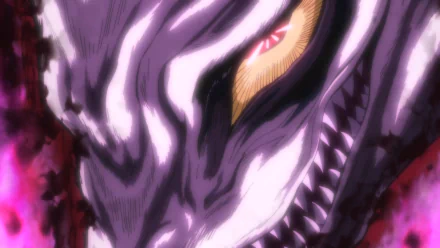 Anime Ushio & Tora HD PC desktop wallpaper: close-up of Tora's demonic face—purple-white striped skin, glowing yellow slit eye and jagged teeth against a red smoky background.