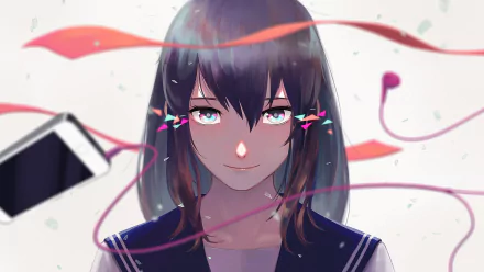 A captivating anime-themed HD desktop wallpaper featuring a girl with dark hair adorned with colorful accents, surrounded by flowing ribbons and soft confetti.