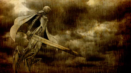 Anime-inspired Claymore character stands with a massive sword under a stormy, rain-soaked sky in this dramatic HD PC desktop wallpaper and background.
