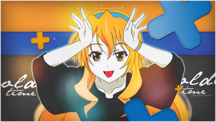 HD desktop wallpaper featuring an anime character from Golden Time with orange hair, a playful expression, and an energetic background with vibrant colors and shapes.