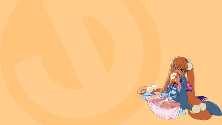 HD PC desktop wallpaper, Anime (Kodomo No Jikan): a girl in a kimono sits at the lower-right holding a snack against a warm orange background with a subtle circular emblem.