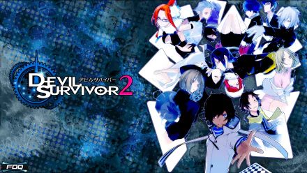 HD PC desktop wallpaper featuring vibrant characters from the video game Shin Megami Tensei: Devil Survivor 2 with a dynamic blue and white background.