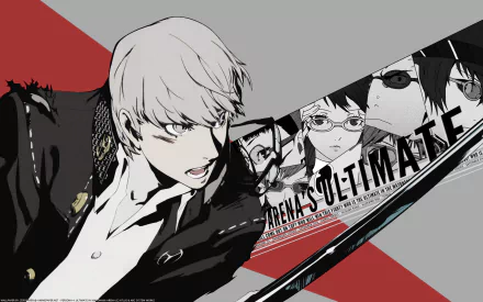 HD PC desktop wallpaper and background for the video game Persona 4: Arena — silver‑haired protagonist brandishes a sword before monochrome teammate portraits and red/gray graphic shapes.